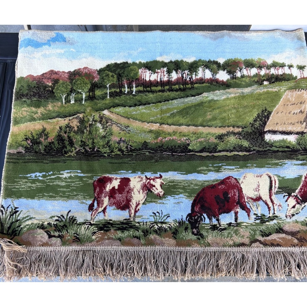 Vintage Scenic Tapestry Wall Hanging Cows River Thatch Roof Cottages Fringe